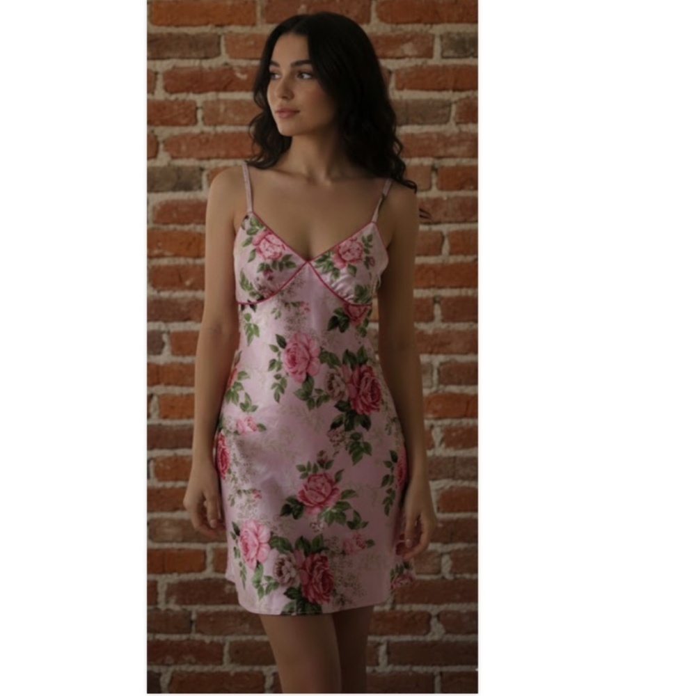 VTG Y2K Adonna Satin Babydoll Slip Dress L Rose Floral  Nightgown Coquette Fairy